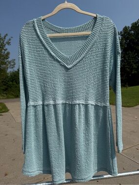 Light Blue V-Neck Waffle Knit Women's Top